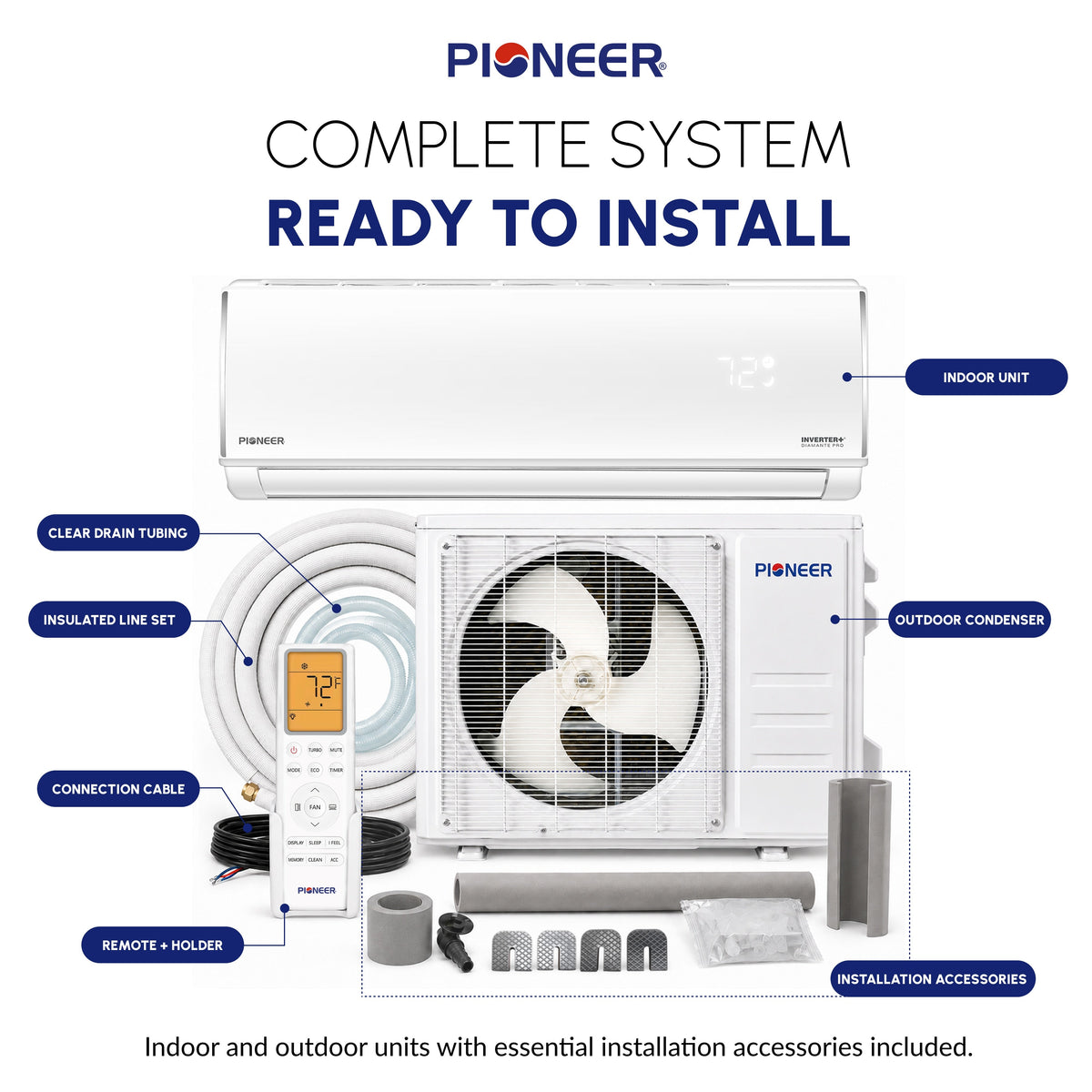 Pioneer® Diamante Pro™ 12,000 BTU 20 SEER2 230V High-Wall Ductless Mini-Split Air Conditioner Inverter Heat Pump with 16 Ft. Kit